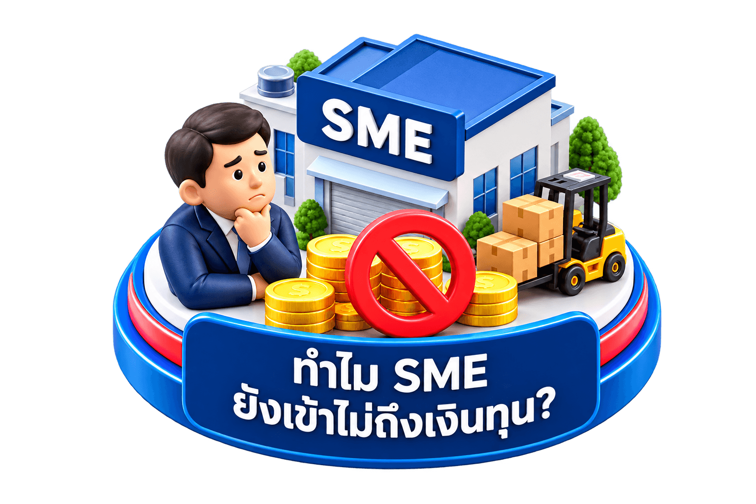 เจ้าของ SME นั่งกังวลหน้าโรงงาน กองเหรียญมีป้ายห้าม พร้อมข้อความ ทำไม SME ยังเข้าไม่ถึงเงินทุน?
