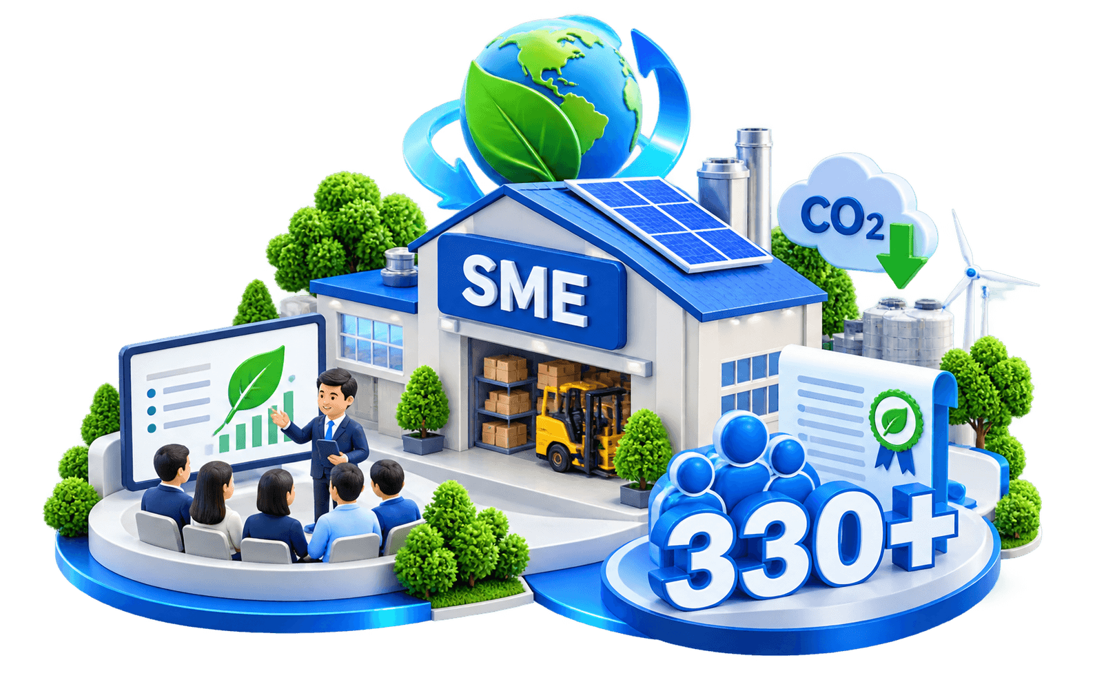 โรงงาน SME สีเขียวมีแผงโซลาร์ ผู้บรรยายอบรมกลุ่มผู้ประกอบการหน้าจอกราฟ ข้างกันเป็นตัวเลข 330+ และใบรับรอง