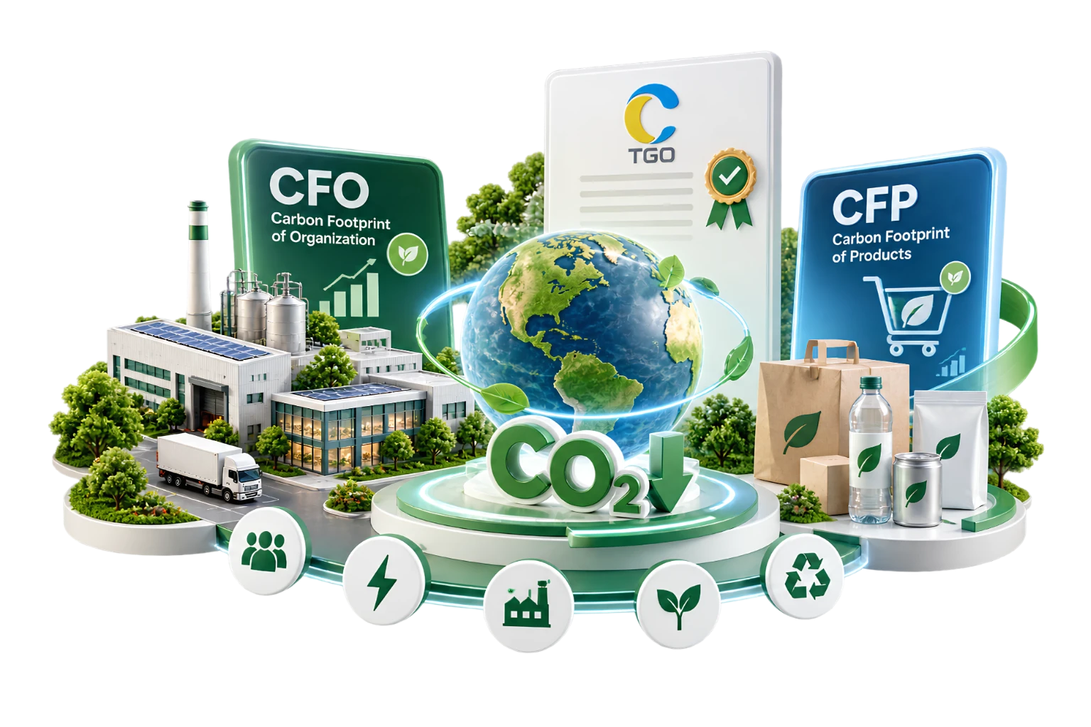 โมเดลการฝึกอบรม Carbon Footprint ลูกโลกกับ CO₂ อยู่กลาง ด้านซ้ายเป็นป้าย CFO กับโรงงาน ด้านขวาเป็นป้าย CFP กับผลิตภัณฑ์ ด้านหลังเป็นใบรับรองของ TGO