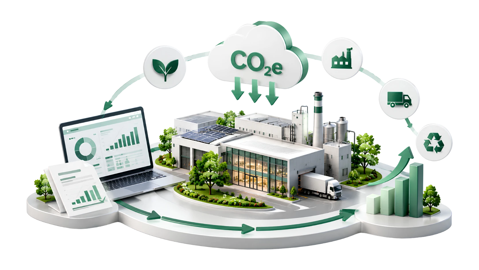 โมเดลคาร์บอนฟุตพริ้นท์ขององค์กร โรงงานอยู่กลางใต้ก้อนเมฆ CO₂e ล้อมด้วยแดชบอร์ดข้อมูล การขนส่ง การรีไซเคิล และกราฟแท่ง