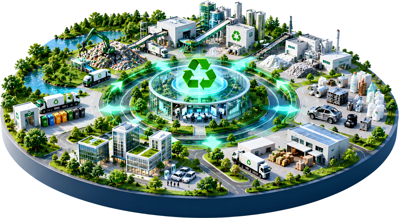 โมเดลของ Circular Material Hub (CMH) ศูนย์กลางวัสดุหมุนเวียนล้อมด้วยโรงงาน จุดรวบรวม รถขนส่ง และคลังวัสดุ