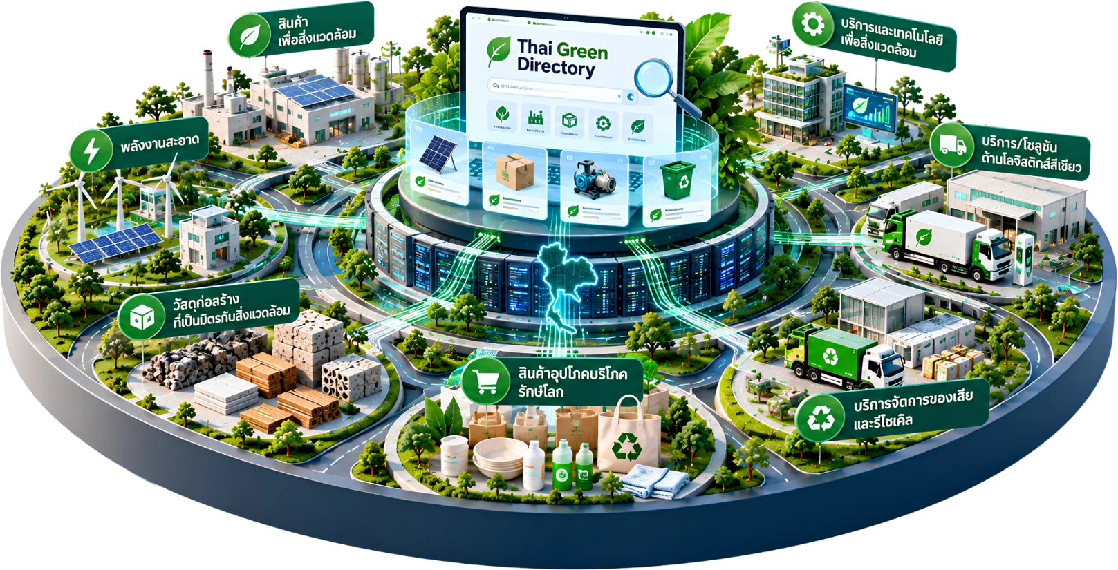 โมเดลของ Thai Green Directory (TGD) ฐานข้อมูลกลางล้อมด้วยหมวดสินค้าและบริการที่เป็นมิตรกับสิ่งแวดล้อม